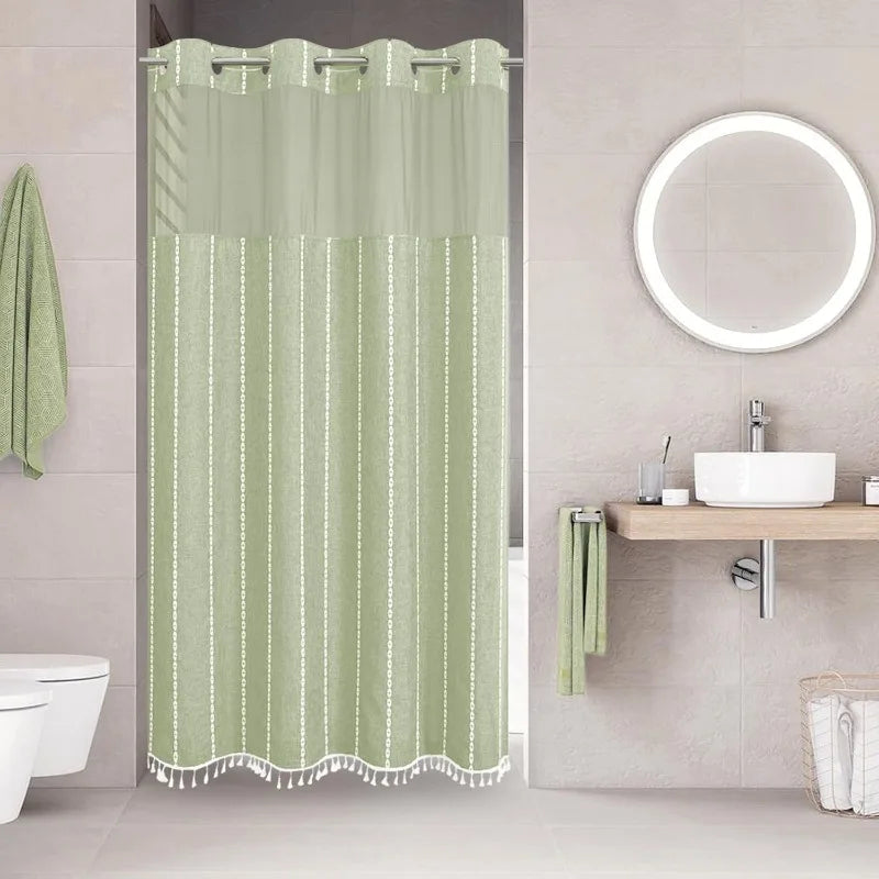 No-Hook Boho Farmhouse Shower Curtain Set – Heavy-Duty Linen Fabric with Tassels, Snap-In Liner for Rustic & Elegant Bathroom Decor