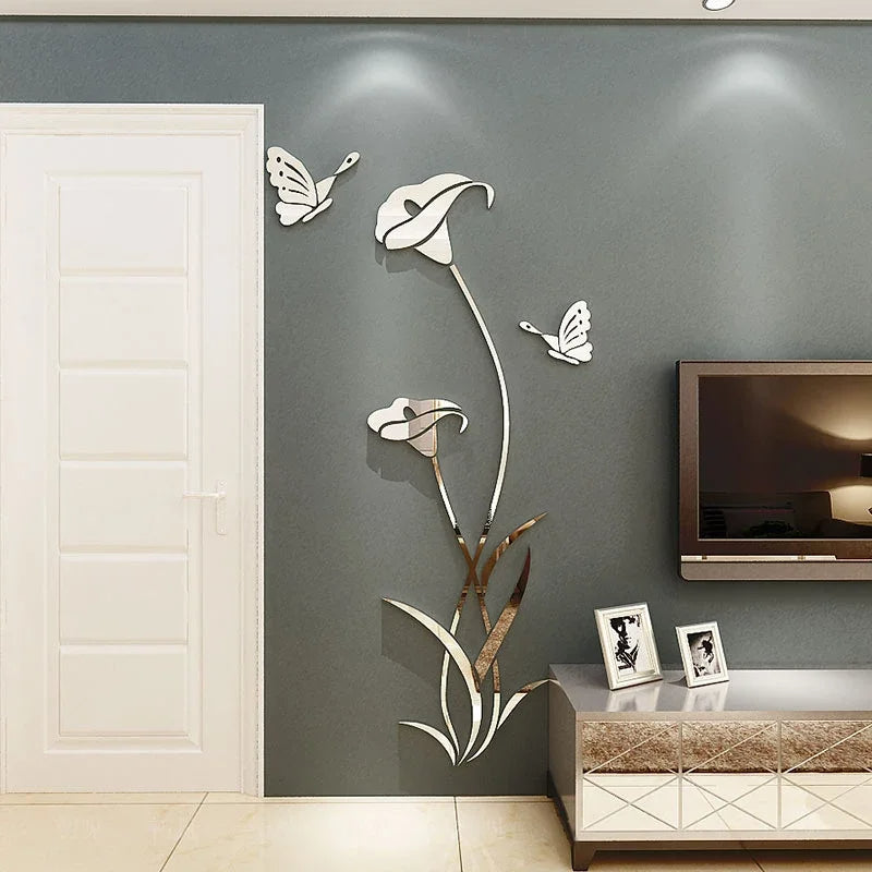 Butterfly Lily Mirror Wall Sticker – 3D DIY Floral Mural Decal for Bedroom, TV Background, and Elegant Living Room Décor Charm
