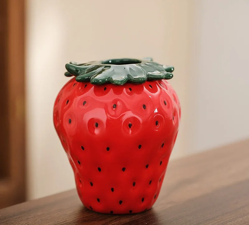 Strawberry Ceramic Flower Vase – Cute Fruit-Inspired Pot for Home Decor, Tabletop Charm, or Floral Display Accessories