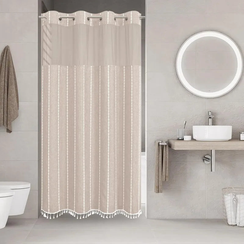 No-Hook Boho Farmhouse Shower Curtain Set – Heavy-Duty Linen Fabric with Tassels, Snap-In Liner for Rustic & Elegant Bathroom Decor