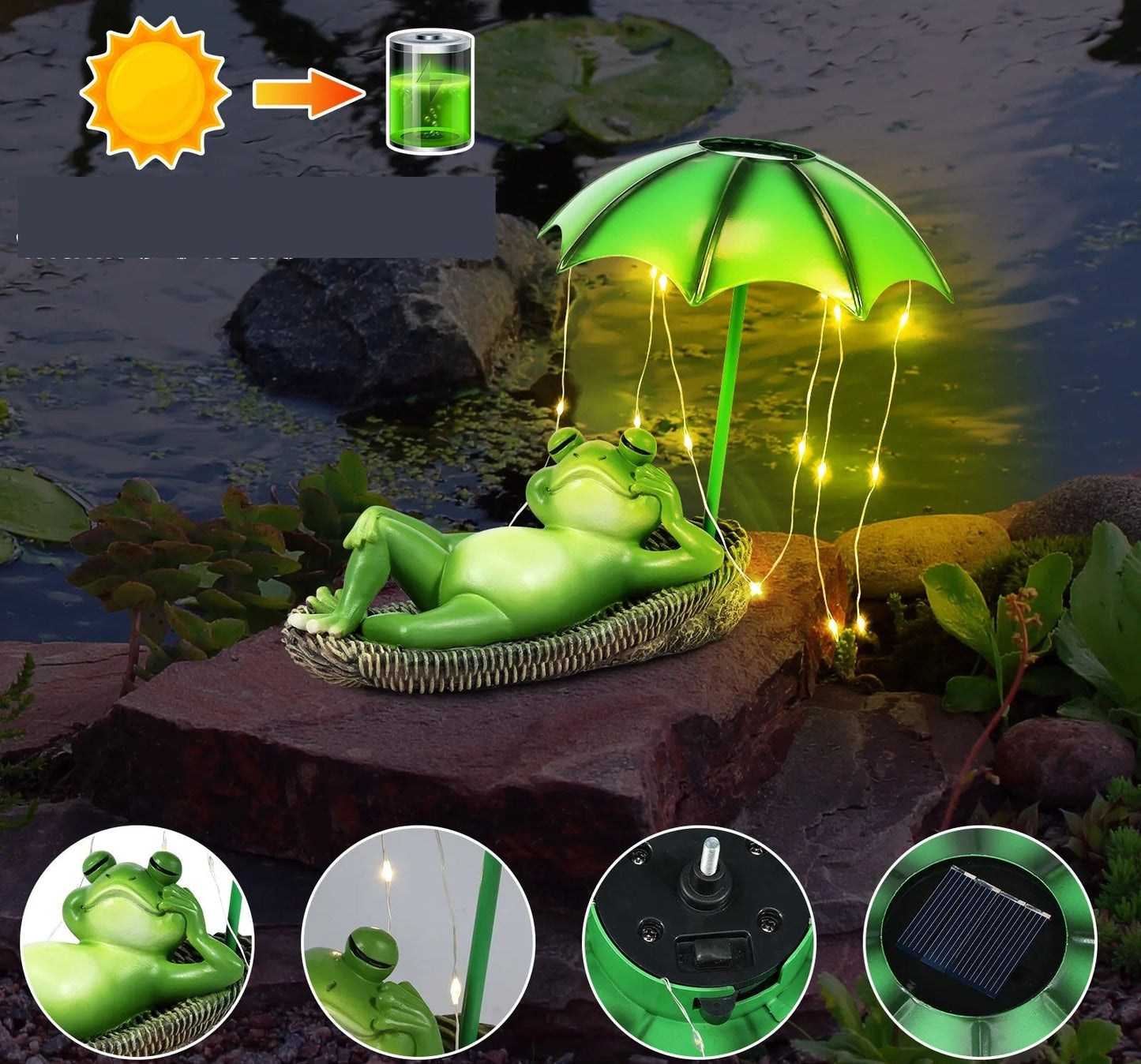 Solar LED Frog Garden Statue – Cute Waterproof Resin Sculpture with Umbrella for Outdoor Yard, Lawn, and Patio Décor