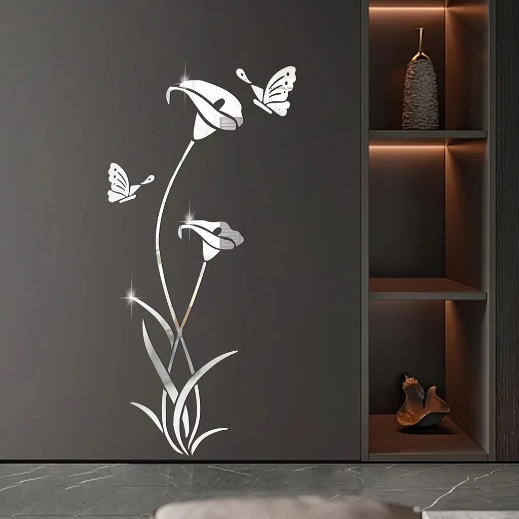 Butterfly Lily Mirror Wall Sticker – 3D DIY Floral Mural Decal for Bedroom, TV Background, and Elegant Living Room Décor Charm