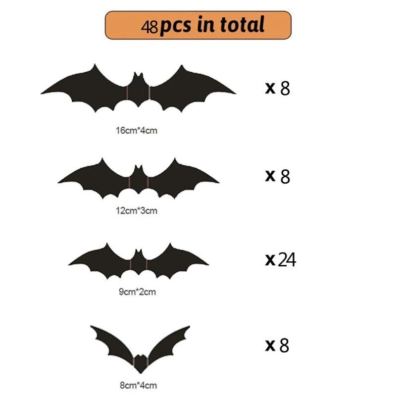 Halloween Bats Decoration - 3D Black PVC Bats (48pcs)- Scary Halloween Party Decor and Home Props - Gear Elevation