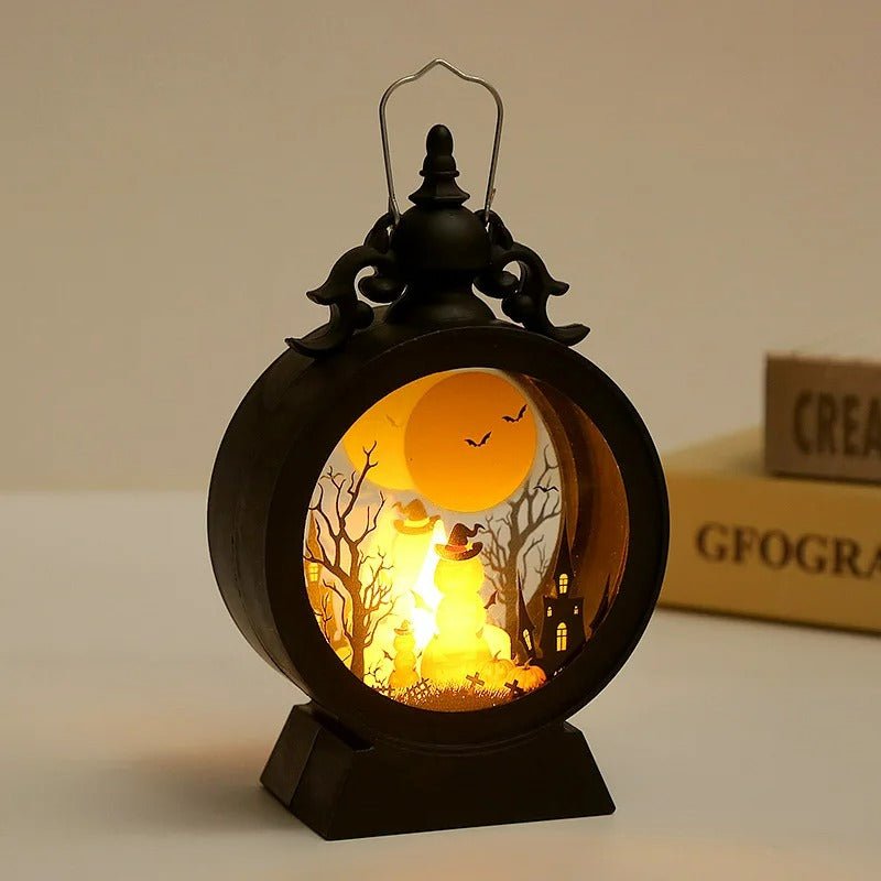 Halloween Decoration Wind Lamp - Retro Round Hand Lantern with Electronic Candle for Atmospheric Decoration