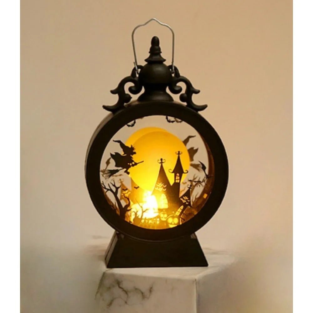 Halloween Decoration Wind Lamp - Retro Round Hand Lantern with Electronic Candle for Atmospheric Decoration