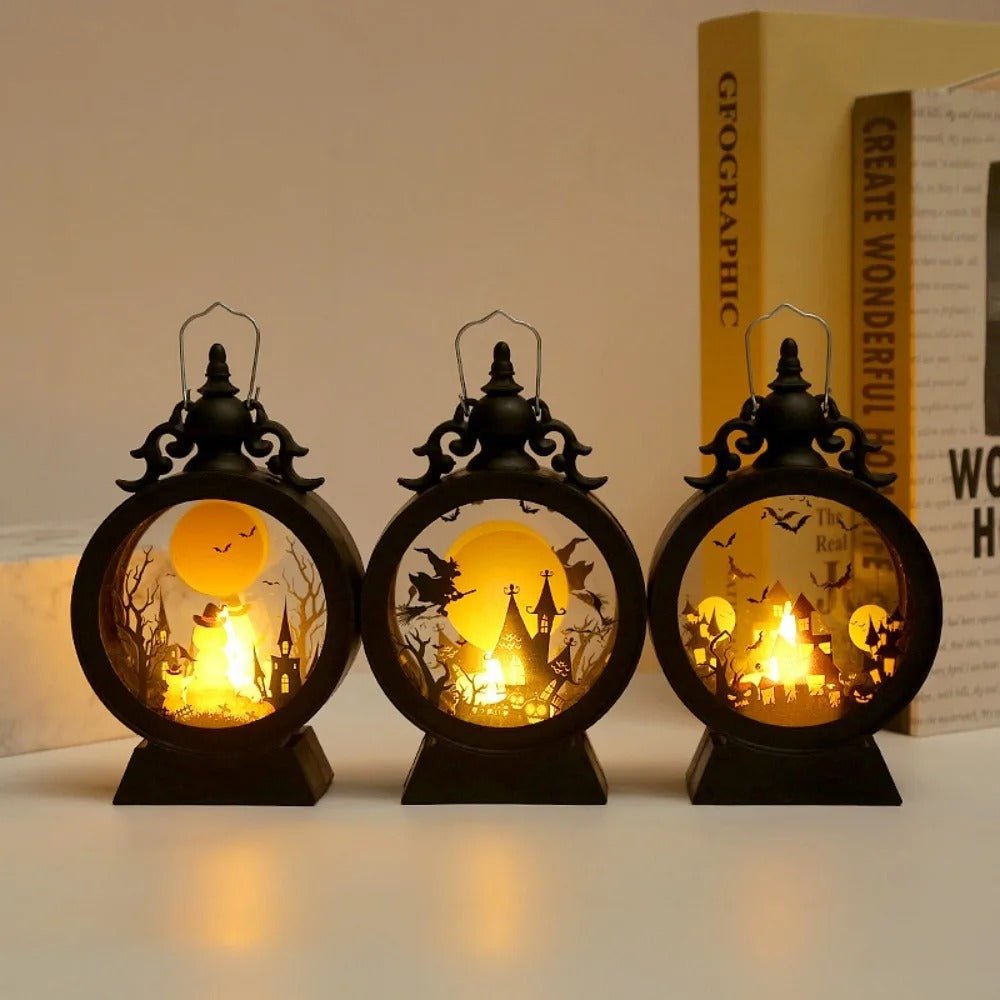 Halloween Decoration Wind Lamp - Retro Round Hand Lantern with Electronic Candle for Atmospheric Decoration