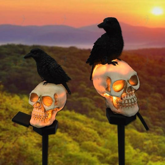 Halloween Outdoor Raven Solar Garden Light Skull - Halloween Decor Outdoor Skeleton Skull Head, Halloween Crows and Ravens Decor - Gear Elevation