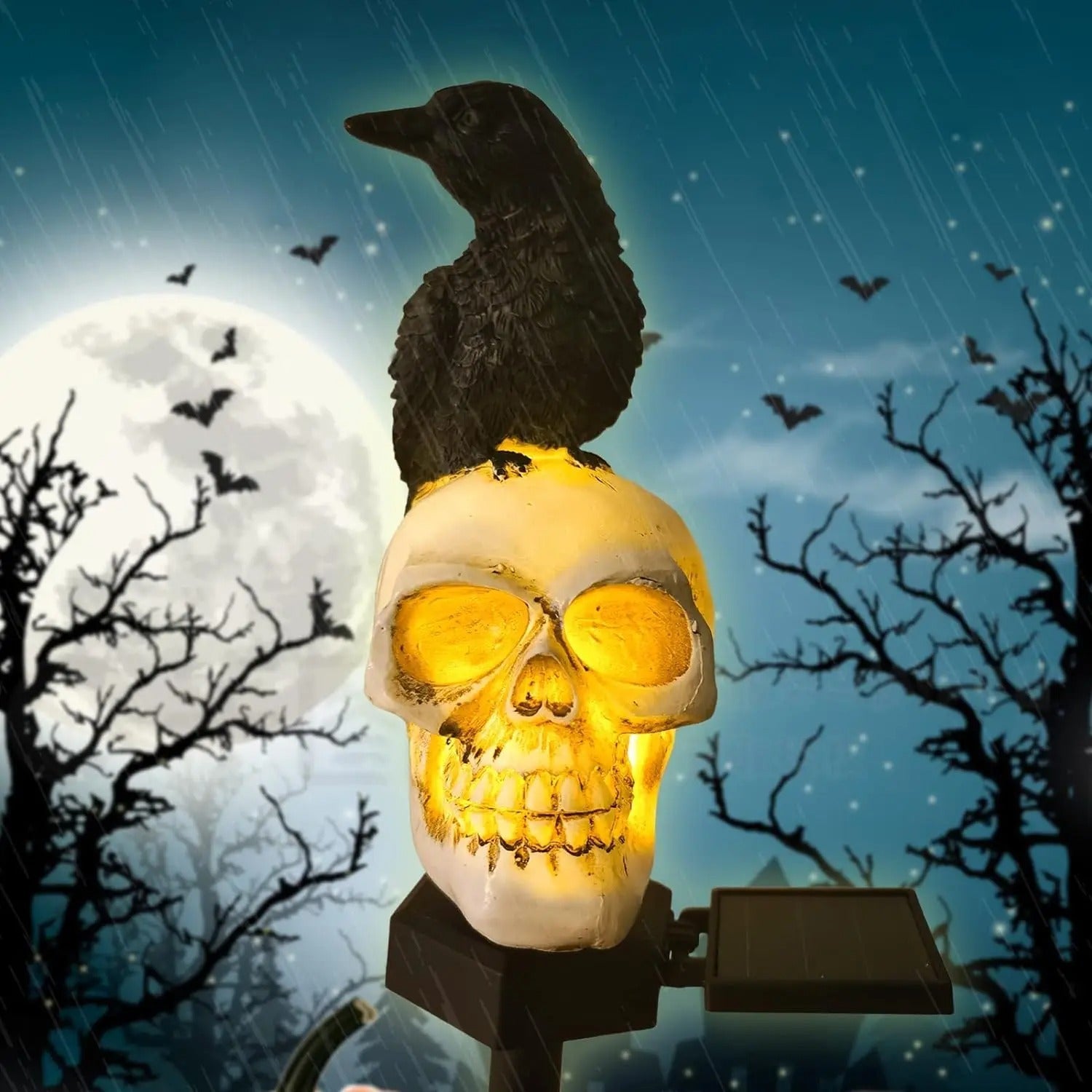 Halloween Outdoor Raven Solar Garden Light Skull - Halloween Decor Outdoor Skeleton Skull Head, Halloween Crows and Ravens Decor - Gear Elevation