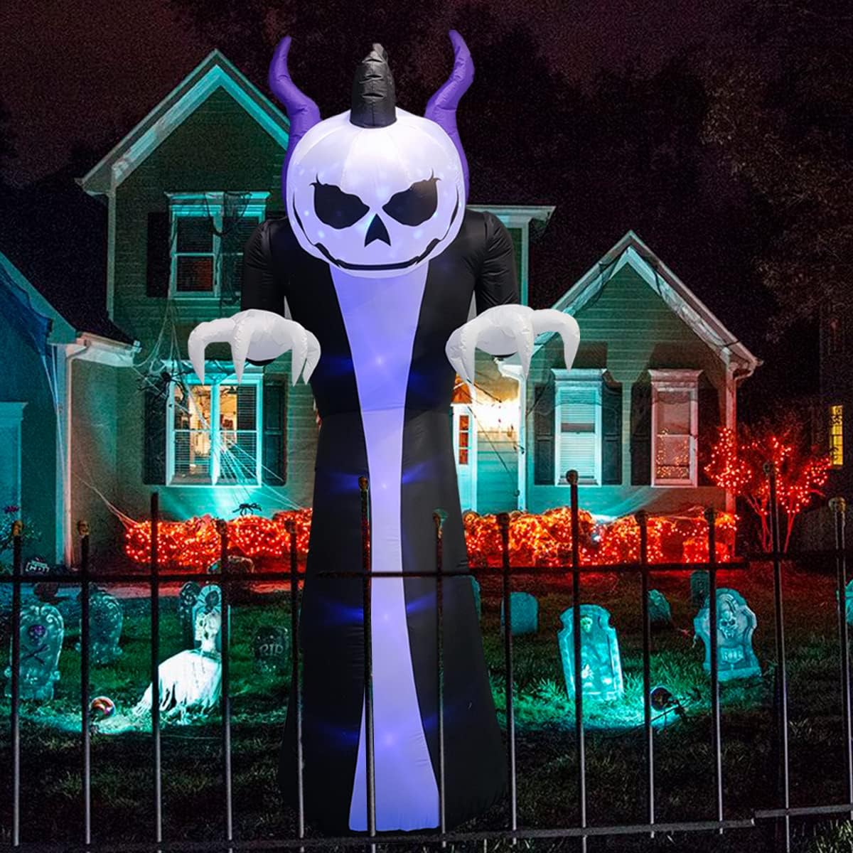 Giant Inflatable Ghost with Horns - Yard Blow Up Ghost Inflatable Decoration with Flame Projection