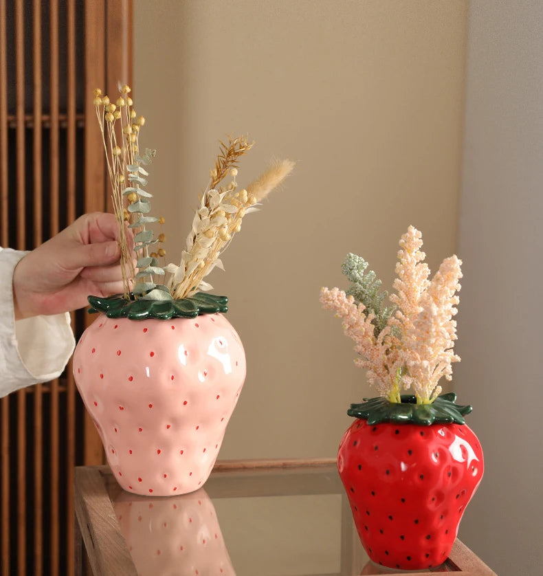 Strawberry Ceramic Flower Vase – Cute Fruit-Inspired Pot for Home Decor, Tabletop Charm, or Floral Display Accessories
