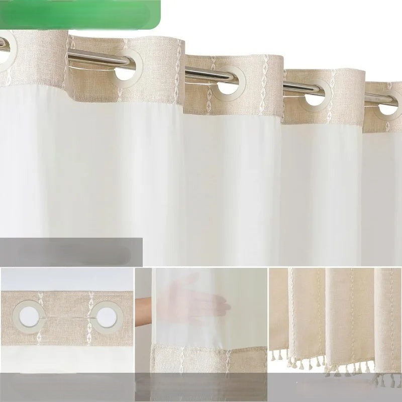 No-Hook Boho Farmhouse Shower Curtain Set – Heavy-Duty Linen Fabric with Tassels, Snap-In Liner for Rustic & Elegant Bathroom Decor