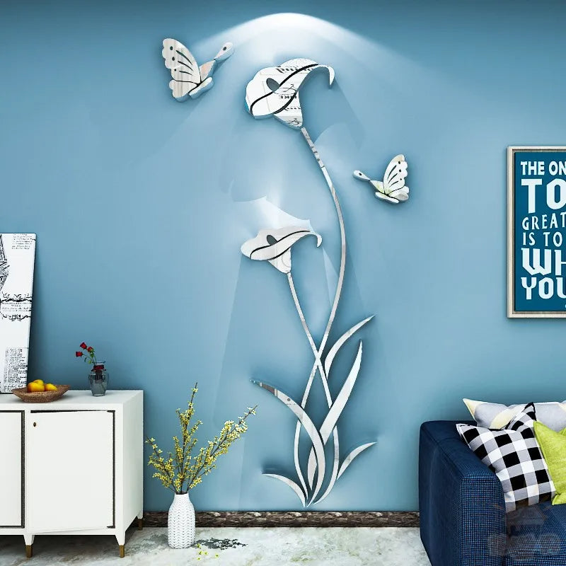 Butterfly Lily Mirror Wall Sticker – 3D DIY Floral Mural Decal for Bedroom, TV Background, and Elegant Living Room Décor Charm