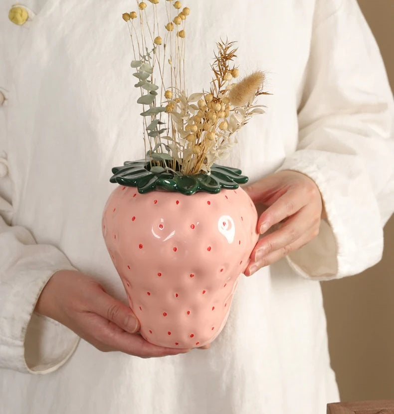 Strawberry Ceramic Flower Vase – Cute Fruit-Inspired Pot for Home Decor, Tabletop Charm, or Floral Display Accessories