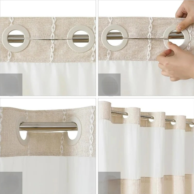 No-Hook Boho Farmhouse Shower Curtain Set – Heavy-Duty Linen Fabric with Tassels, Snap-In Liner for Rustic & Elegant Bathroom Decor